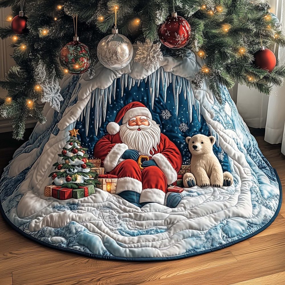 Handcrafted Santa With Polar Bear Cub Tree Skirt — Made-To-Order Cozy Christmas Tree Skirt For Living Rooms & Gifts