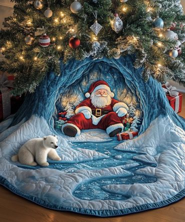 Handmade Santa By The Icy River Holiday Tree Skirt — Custom Made-To-Order Christmas Tree Skirt For Home & Gifts