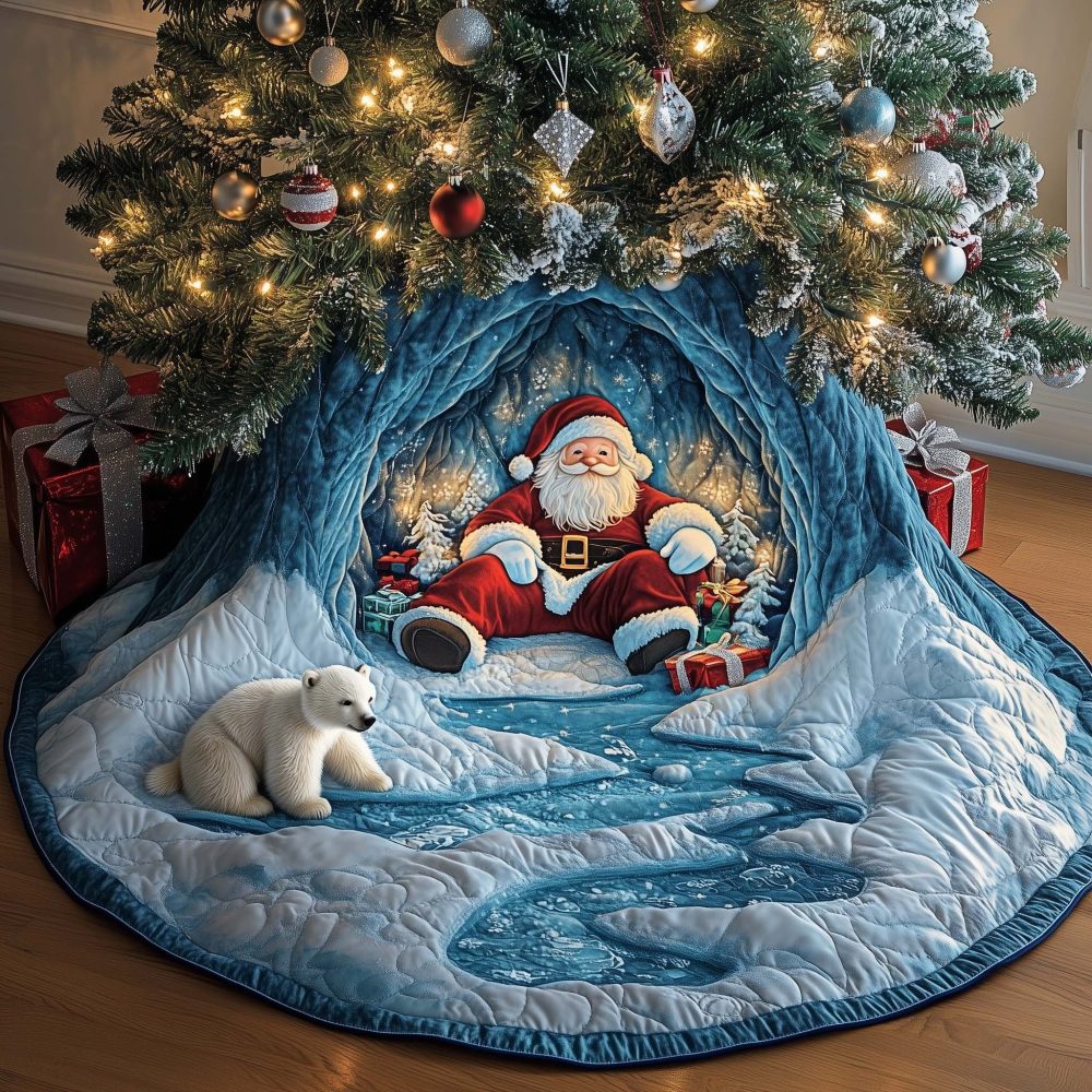 Handmade Santa By The Icy River Holiday Tree Skirt — Custom Made-To-Order Christmas Tree Skirt For Home & Gifts