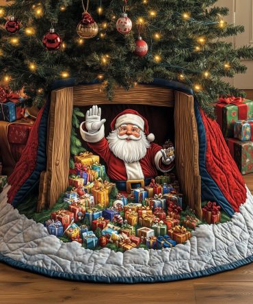 Workshop Door Santa Tree Skirt — Custom Made-To-Order Christmas Tree Skirt Featuring Santa At The Workshop Entrance