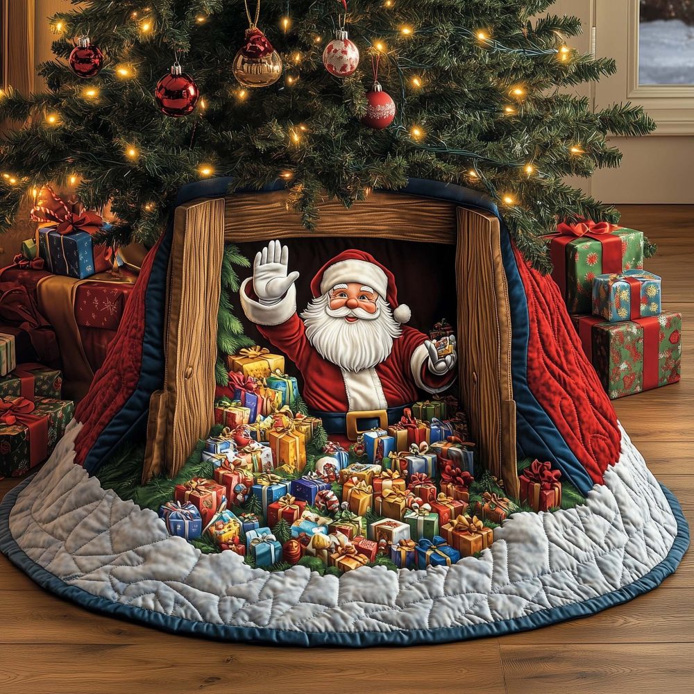 Workshop Door Santa Tree Skirt — Custom Made-To-Order Christmas Tree Skirt Featuring Santa At The Workshop Entrance