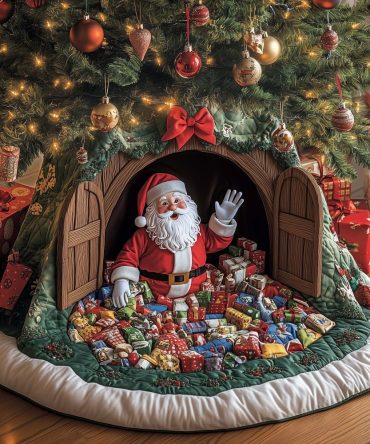 Toy Barn Opening Santa Tree Skirt — Handmade, Made-To-Order Christmas Tree Skirt Featuring Santa Opening The Toy Barn