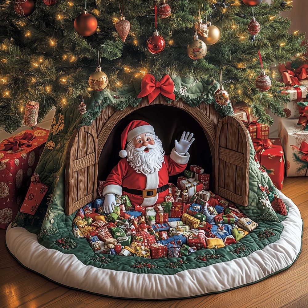 Toy Barn Opening Santa Tree Skirt — Handmade, Made-To-Order Christmas Tree Skirt Featuring Santa Opening The Toy Barn