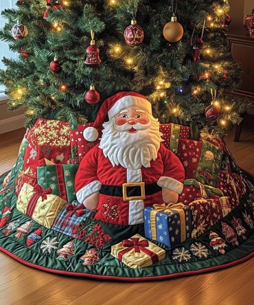 Santa Presents Pile Tree Skirt — Handcrafted Holiday Skirt With Santa And Gift Pile, Custom Sizes & Personalized Accents