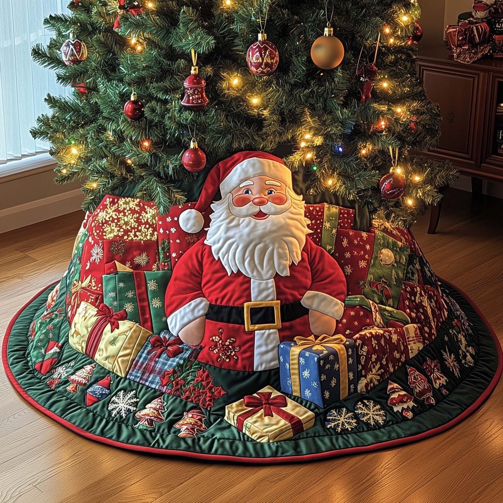 Santa Presents Pile Tree Skirt — Handcrafted Holiday Skirt With Santa And Gift Pile, Custom Sizes & Personalized Accents