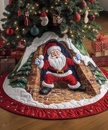 Santa Chimney Climb Tree Skirt — Handcrafted Festive Skirt With Santa Emerging From Chimney, Custom Sizing & Colors