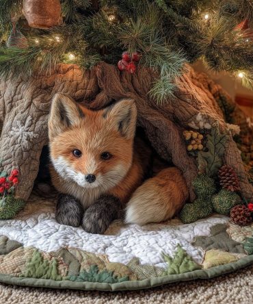 Snowy Hollow Fox Christmas Tree Skirt — Handmade Winter Fox Holiday Skirt, Serene Woodland Décor, Personalized Options & Custom Sizes, Made To Order