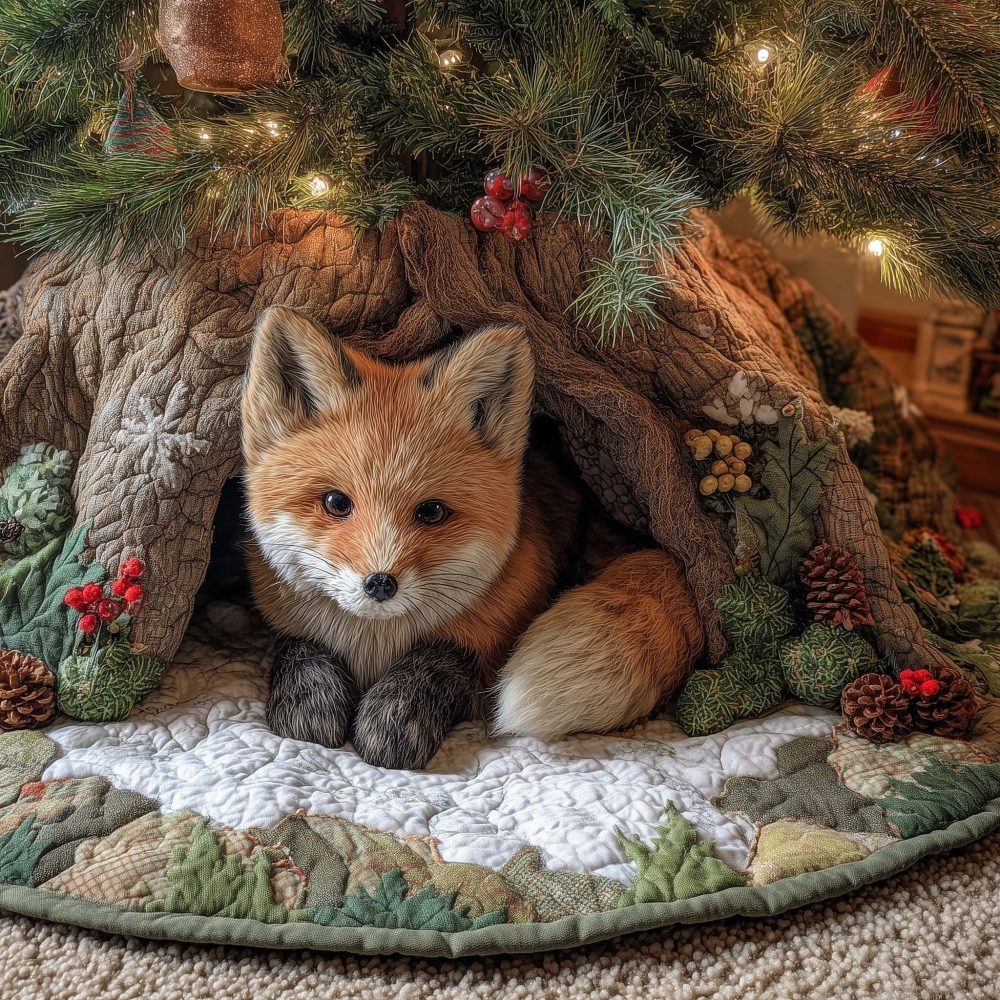 Snowy Hollow Fox Christmas Tree Skirt — Handmade Winter Fox Holiday Skirt, Serene Woodland Décor, Personalized Options & Custom Sizes, Made To Order