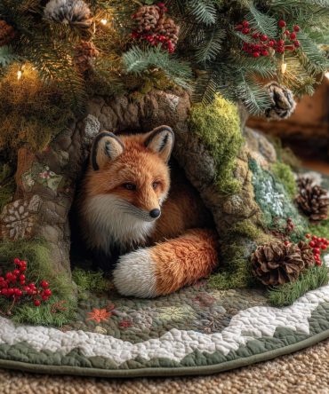 Mossy Hollow Fox Christmas Tree Skirt — Handmade Woodland Fox Holiday Skirt, Earthy Green Winter Décor, Custom Sizes & Personalization, Made To Order