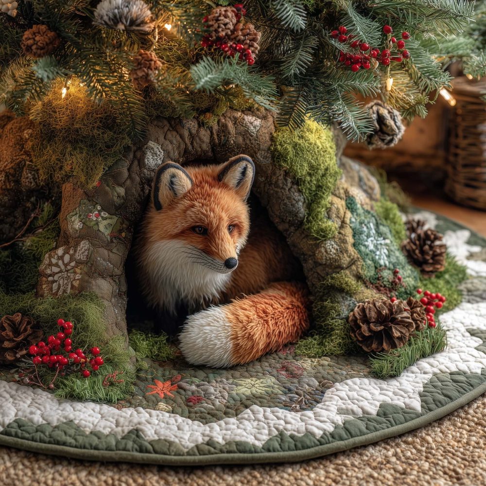 Mossy Hollow Fox Christmas Tree Skirt — Handmade Woodland Fox Holiday Skirt, Earthy Green Winter Décor, Custom Sizes & Personalization, Made To Order