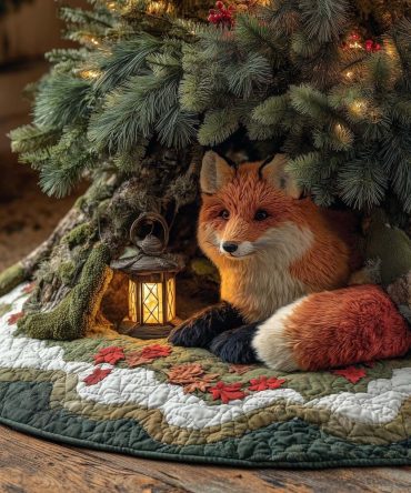 Lantern Fox Holiday Tree Skirt — Handmade Fox With Lantern Christmas Skirt, Warm Rustic Lighting Design, Custom Sizes & Personalization, Made To Order