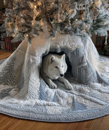 White Wolf Snow Cave Tree Skirt — Handmade Arctic Wolf Christmas Skirt, Luxury Winter Lodge Decor, Custom Sizes & Personalization, Made To Order