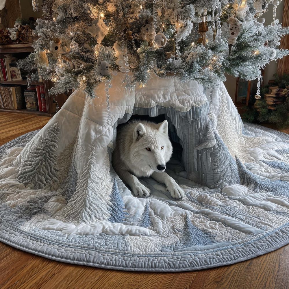 White Wolf Snow Cave Tree Skirt — Handmade Arctic Wolf Christmas Skirt, Luxury Winter Lodge Decor, Custom Sizes & Personalization, Made To Order