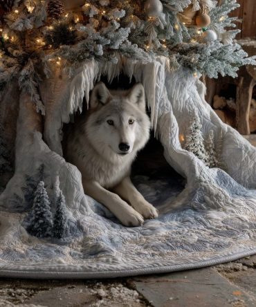 Grey Wolf Icy Den Tree Skirt — Handmade Winter Wolf Christmas Skirt, Rustic Cabin & Lodge Holiday Decor, Custom Sizes & Personalization, Made To Order