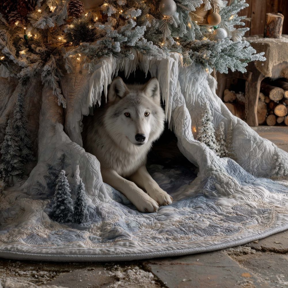 Grey Wolf Icy Den Tree Skirt — Handmade Winter Wolf Christmas Skirt, Rustic Cabin & Lodge Holiday Decor, Custom Sizes & Personalization, Made To Order