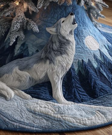 Howling Wolf Snowy Mountain Tree Skirt — Handmade Winter Wolf Christmas Skirt, Custom Sizes & Personalization, Lodge-Style Holiday Decor, Made To Order