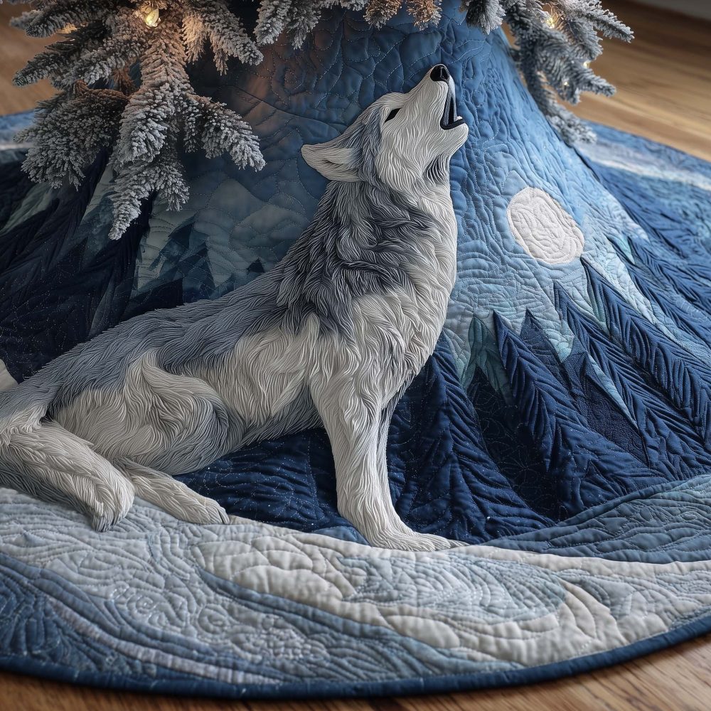 Howling Wolf Snowy Mountain Tree Skirt — Handmade Winter Wolf Christmas Skirt, Custom Sizes & Personalization, Lodge-Style Holiday Decor, Made To Order
