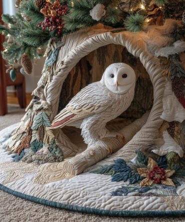 Snowy Owl In Tree Hollow Tree Skirt — Handmade Winter Owl Christmas Skirt, Cozy Woodland Holiday Décor, Custom Sizes & Personalization, Made To Order