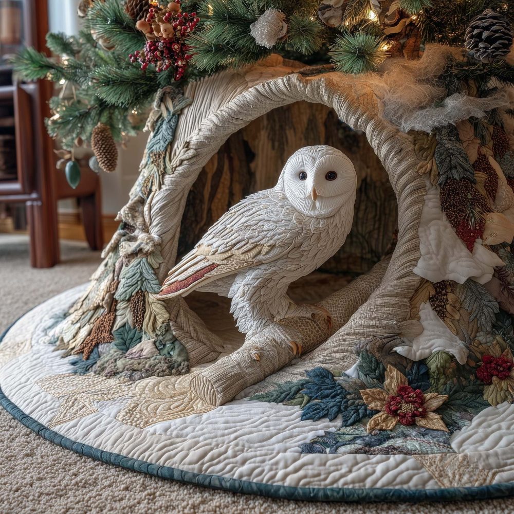 Snowy Owl In Tree Hollow Tree Skirt — Handmade Winter Owl Christmas Skirt, Cozy Woodland Holiday Décor, Custom Sizes & Personalization, Made To Order