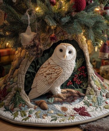 Hollow Owl With Red Berries Tree Skirt — Handmade Woodland Owl Christmas Skirt, Custom Sizes & Personalization, Perfect Holiday Gift, Made To Order