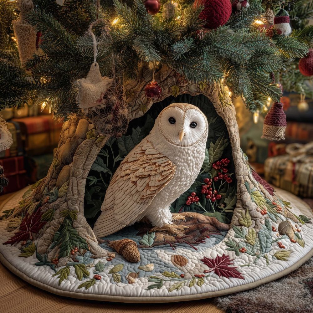 Hollow Owl With Red Berries Tree Skirt — Handmade Woodland Owl Christmas Skirt, Custom Sizes & Personalization, Perfect Holiday Gift, Made To Order