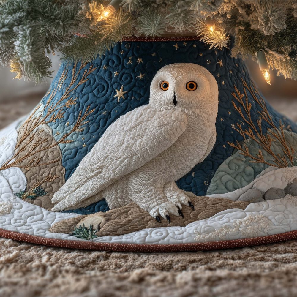 Starry Blue Snowy Owl Tree Skirt — Handmade Winter Owl Christmas Skirt, Custom Sizes & Personalization, Perfect Holiday Gift, Made To Order