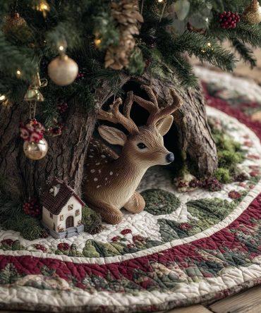 Woodland Cottage Deer Tree Skirt — Handcrafted Rustic Skirt With Deer At The Cottage Scene, Custom Fit Options