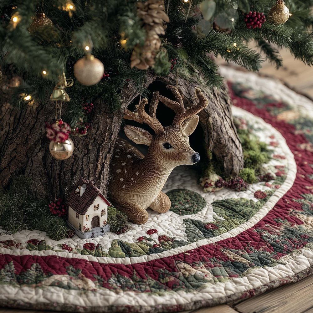 Woodland Cottage Deer Tree Skirt — Handcrafted Rustic Skirt With Deer At The Cottage Scene, Custom Fit Options