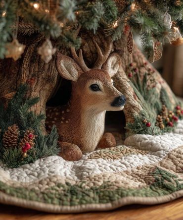 Resting Fawn Pine Root Tree Skirt — Handcrafted Woodland Baby Deer Design, Soft Felt Holiday Skirt, Custom Sizes