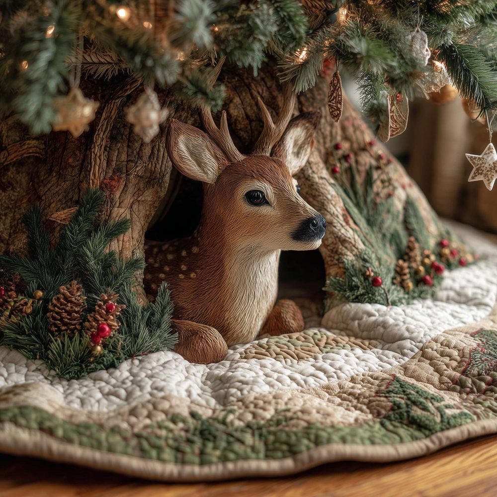 Resting Fawn Pine Root Tree Skirt — Handcrafted Woodland Baby Deer Design, Soft Felt Holiday Skirt, Custom Sizes