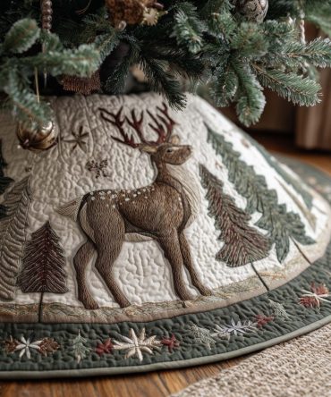 Stag & Doe Folk Art Tree Skirt — Handcrafted Rustic Christmas Skirt With Woodland Deer Pair, Customizable Fit
