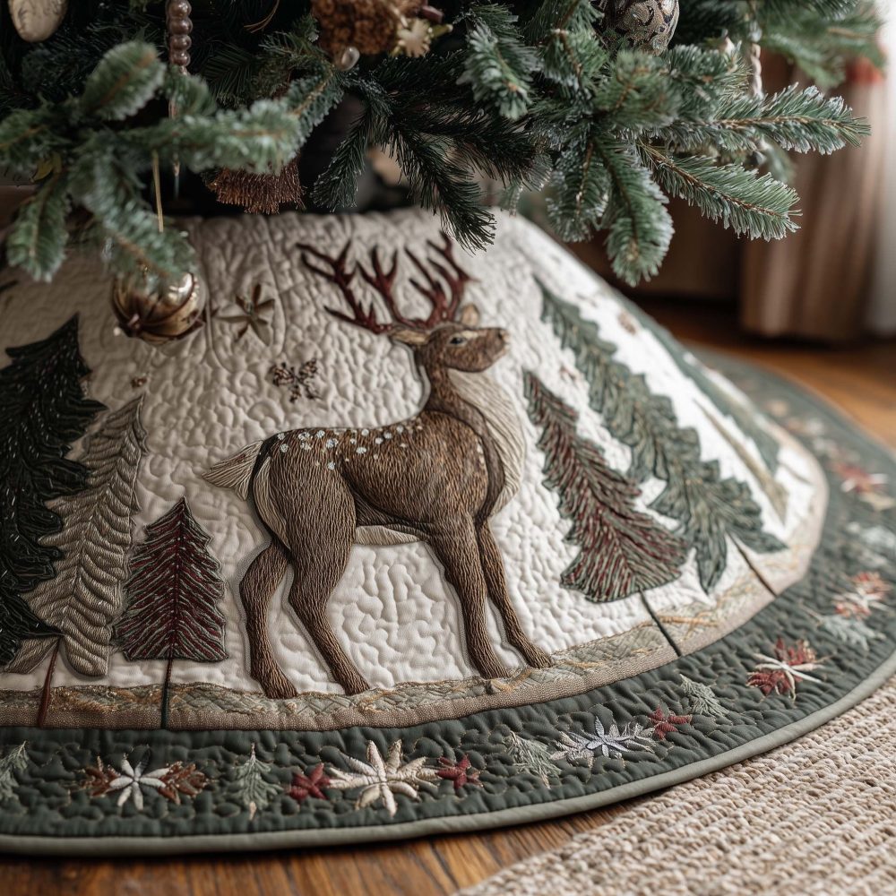 Stag & Doe Folk Art Tree Skirt — Handcrafted Rustic Christmas Skirt With Woodland Deer Pair, Customizable Fit