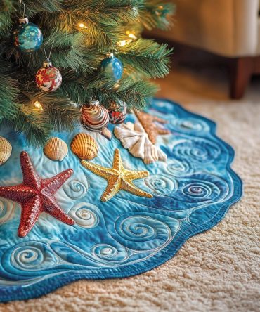 Tropical Seashell Symphony Tree Skirt — Handmade Beach-Themed Christmas Skirt With Seashell Motifs, Custom Colors, Made-To-Order