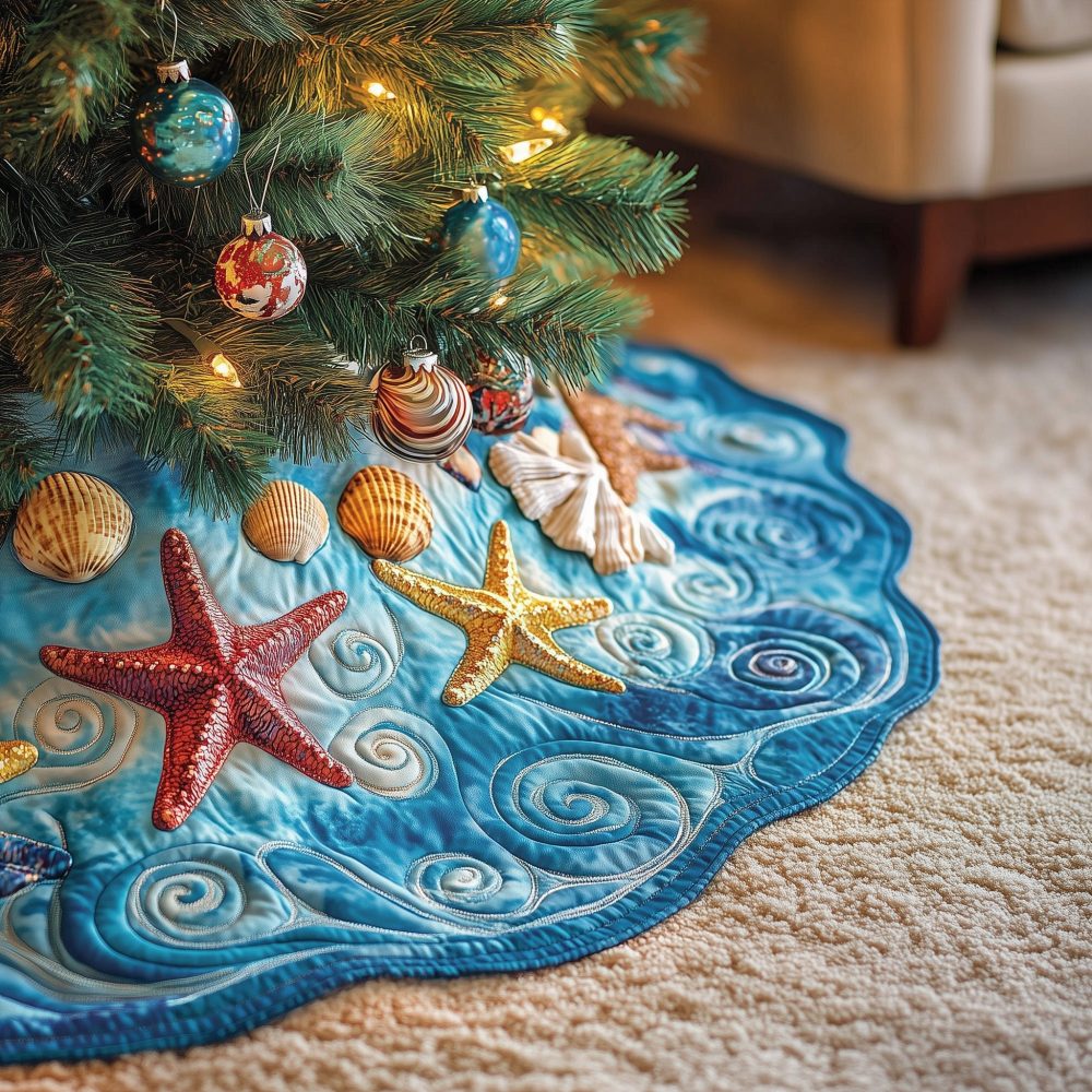 Tropical Seashell Symphony Tree Skirt — Handmade Beach-Themed Christmas Skirt With Seashell Motifs, Custom Colors, Made-To-Order