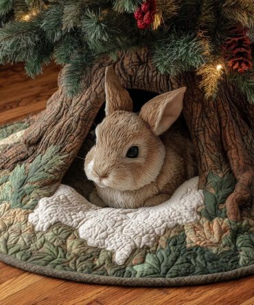 Peeking Bunny Holiday Tree Skirt — Handmade Woodland Rabbit Christmas Skirt, Custom Sizes & Personalization, Perfect Seasonal Gift, Made To Order