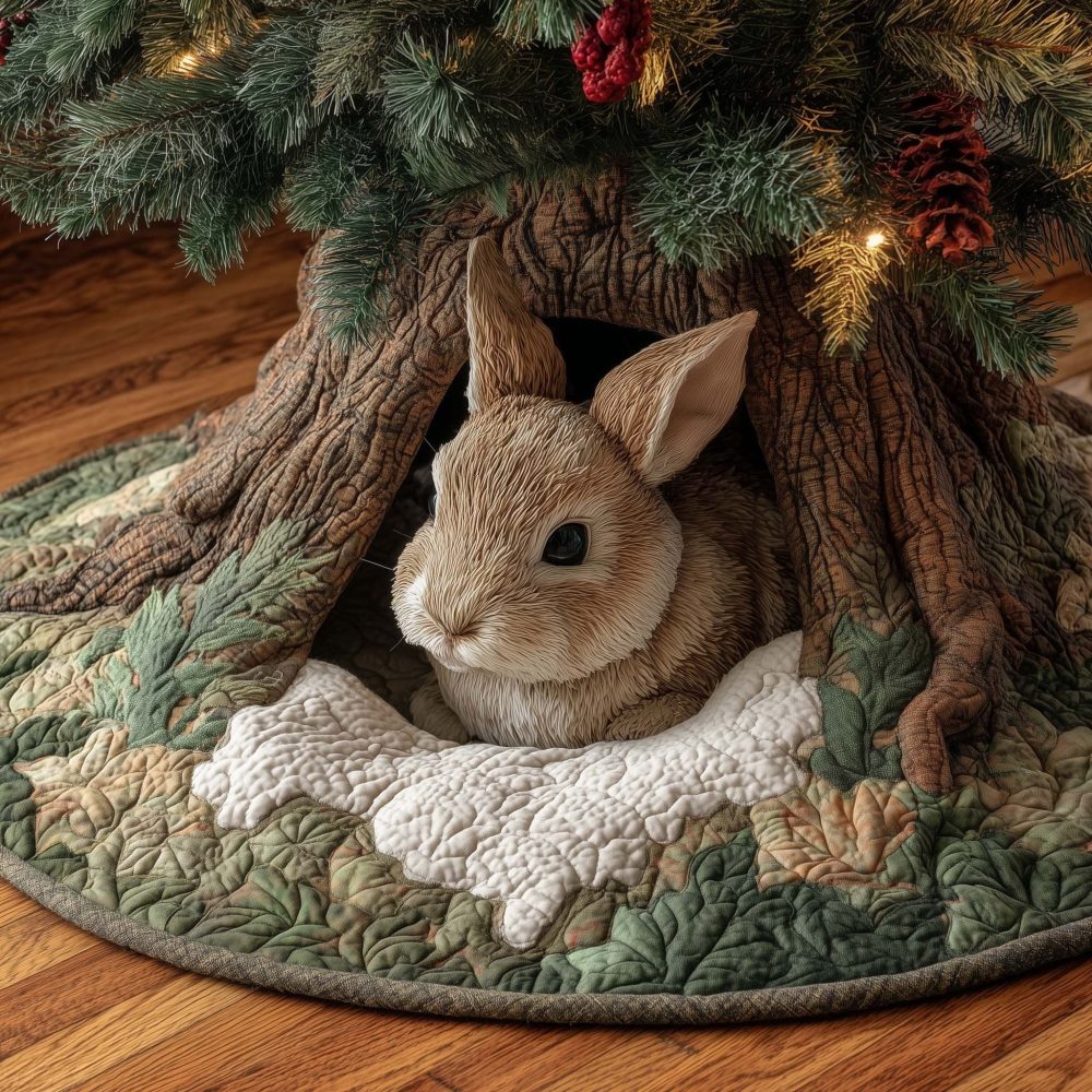 Peeking Bunny Holiday Tree Skirt — Handmade Woodland Rabbit Christmas Skirt, Custom Sizes & Personalization, Perfect Seasonal Gift, Made To Order