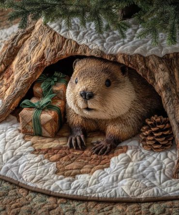 Log Den Beaver Holiday Tree Skirt — Handcrafted Rustic Skirt Featuring Beaver In Log Den, Custom Sizes & Colors