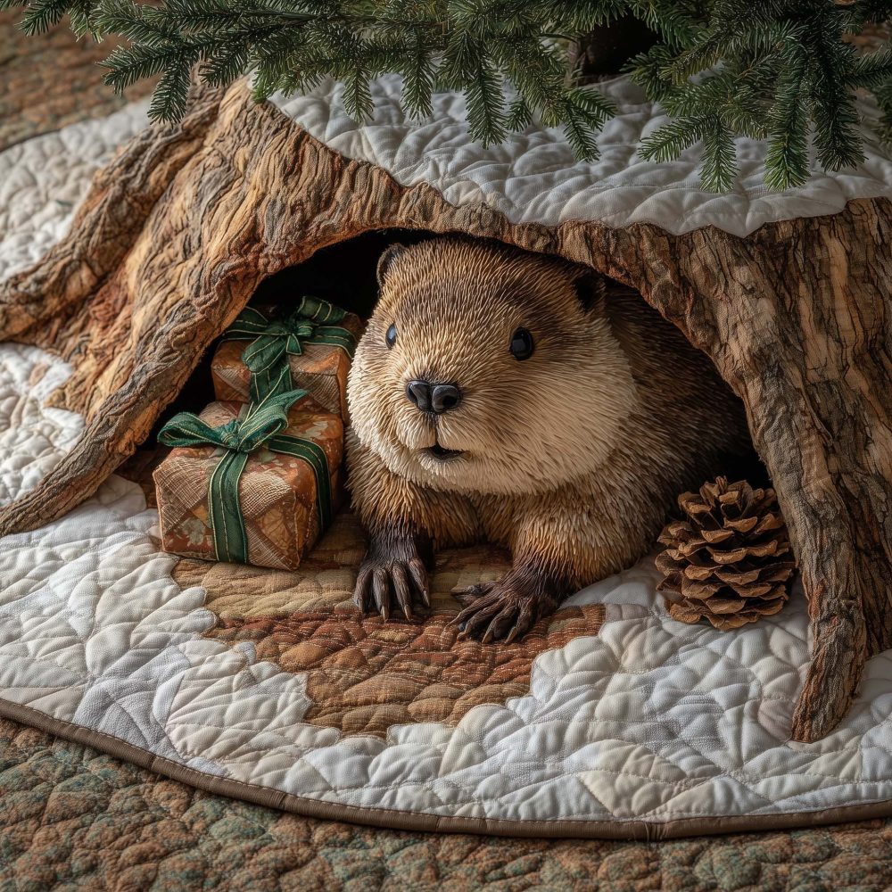 Log Den Beaver Holiday Tree Skirt — Handcrafted Rustic Skirt Featuring Beaver In Log Den, Custom Sizes & Colors
