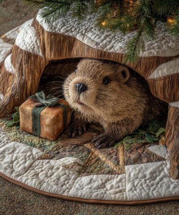 Beaver Lodge Peek Tree Skirt — Handcrafted Woodland Skirt With Playful Beaver Appliqué, Custom Holiday Sizes