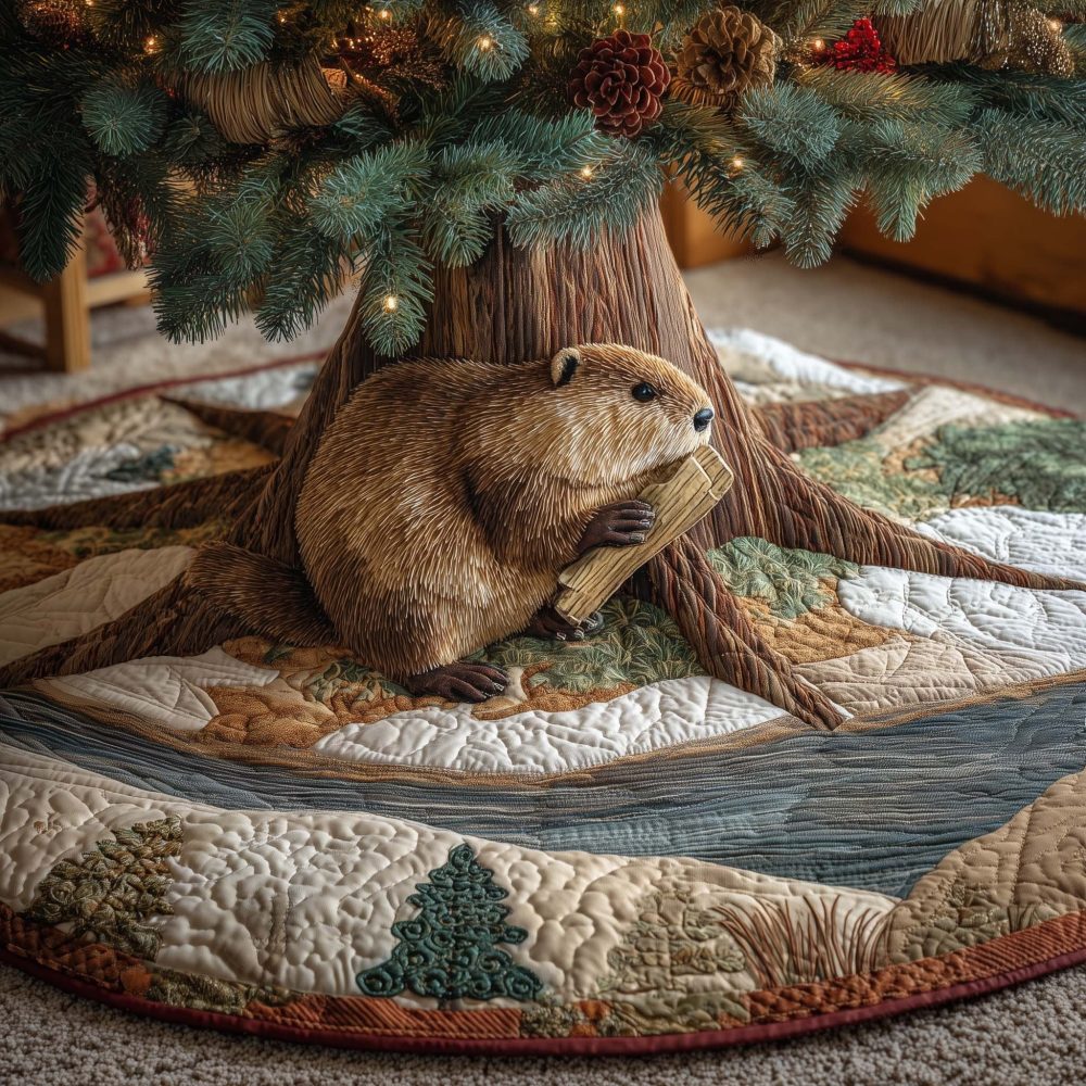 Beaver Heaven Holiday Tree Skirt — Handcrafted Woodland Beaver Christmas Skirt, Rustic Nature Design, Made-To-Order, Custom Options