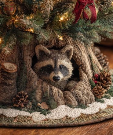 Raccoon In Log Hollow Holiday Tree Skirt — Custom Made-To-Order Plush Skirt For Cozy, Rustic Christmas Styling