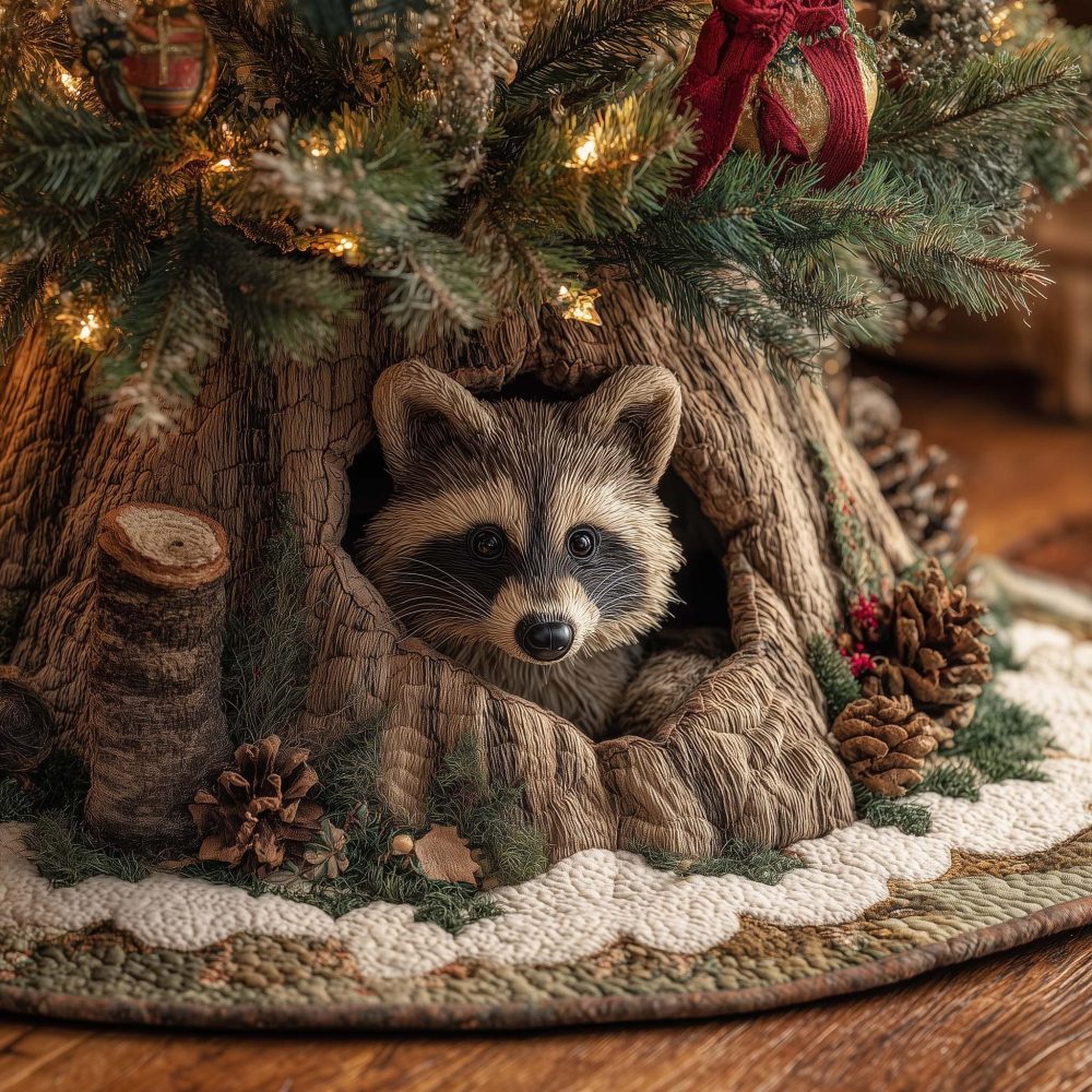 Raccoon In Log Hollow Holiday Tree Skirt — Custom Made-To-Order Plush Skirt For Cozy, Rustic Christmas Styling