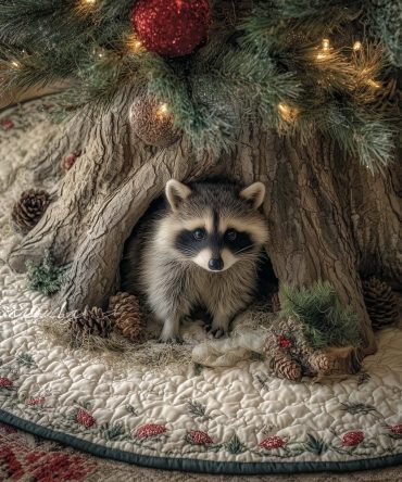Raccoon Sitting In Tree Hollow Holiday Tree Skirt — Custom Made-To-Order Plush Skirt For Woodland Christmas Vibes