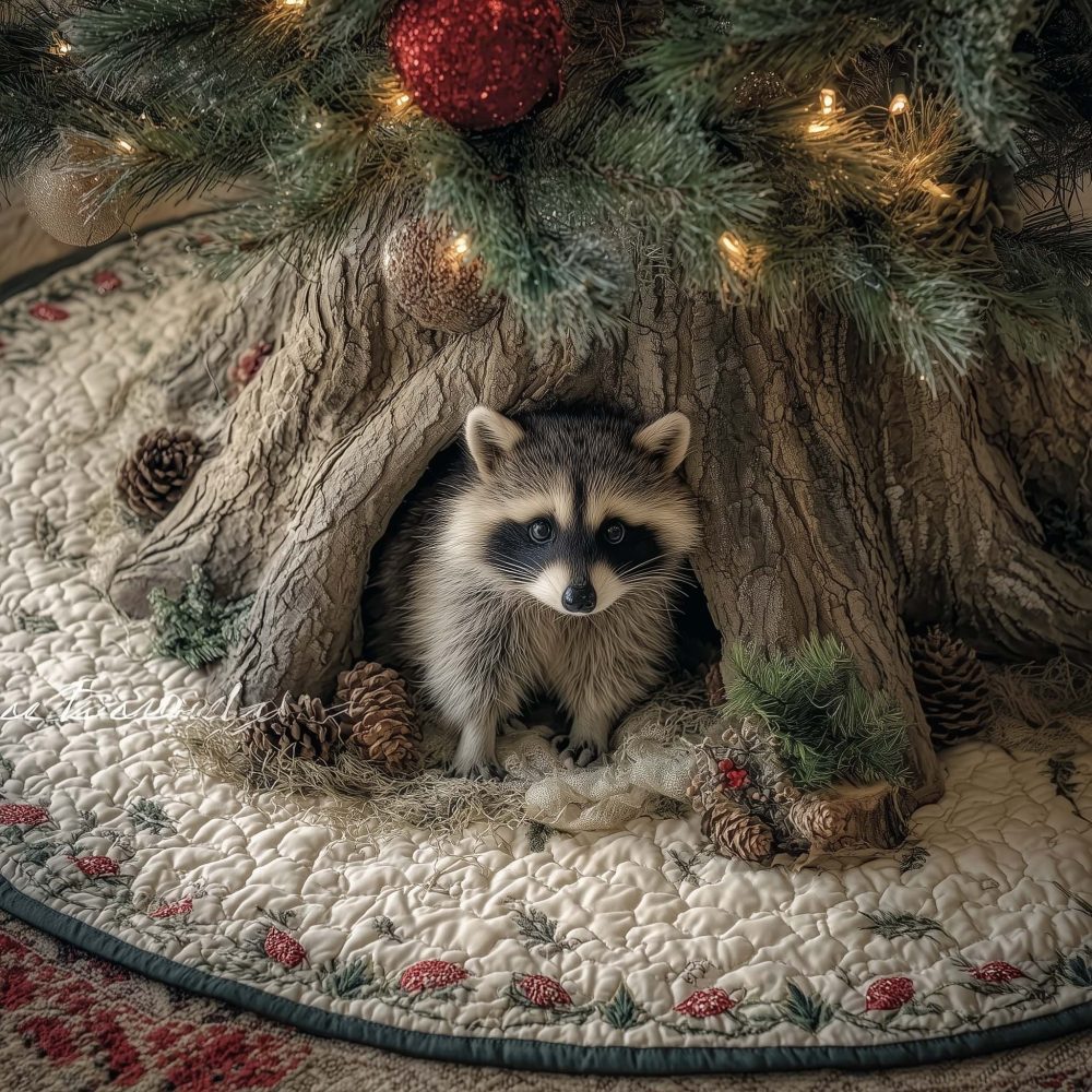 Raccoon Sitting In Tree Hollow Holiday Tree Skirt — Custom Made-To-Order Plush Skirt For Woodland Christmas Vibes