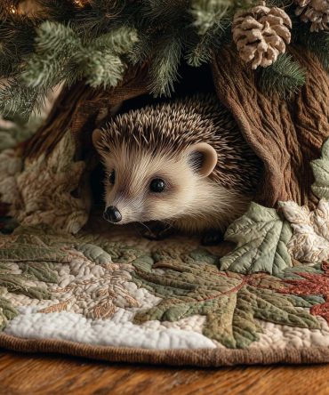Woodland Hedgehog Holiday Tree Skirt — Handmade Hedgehog Christmas Skirt With Forest Motif, Customizable And Made-To-Order