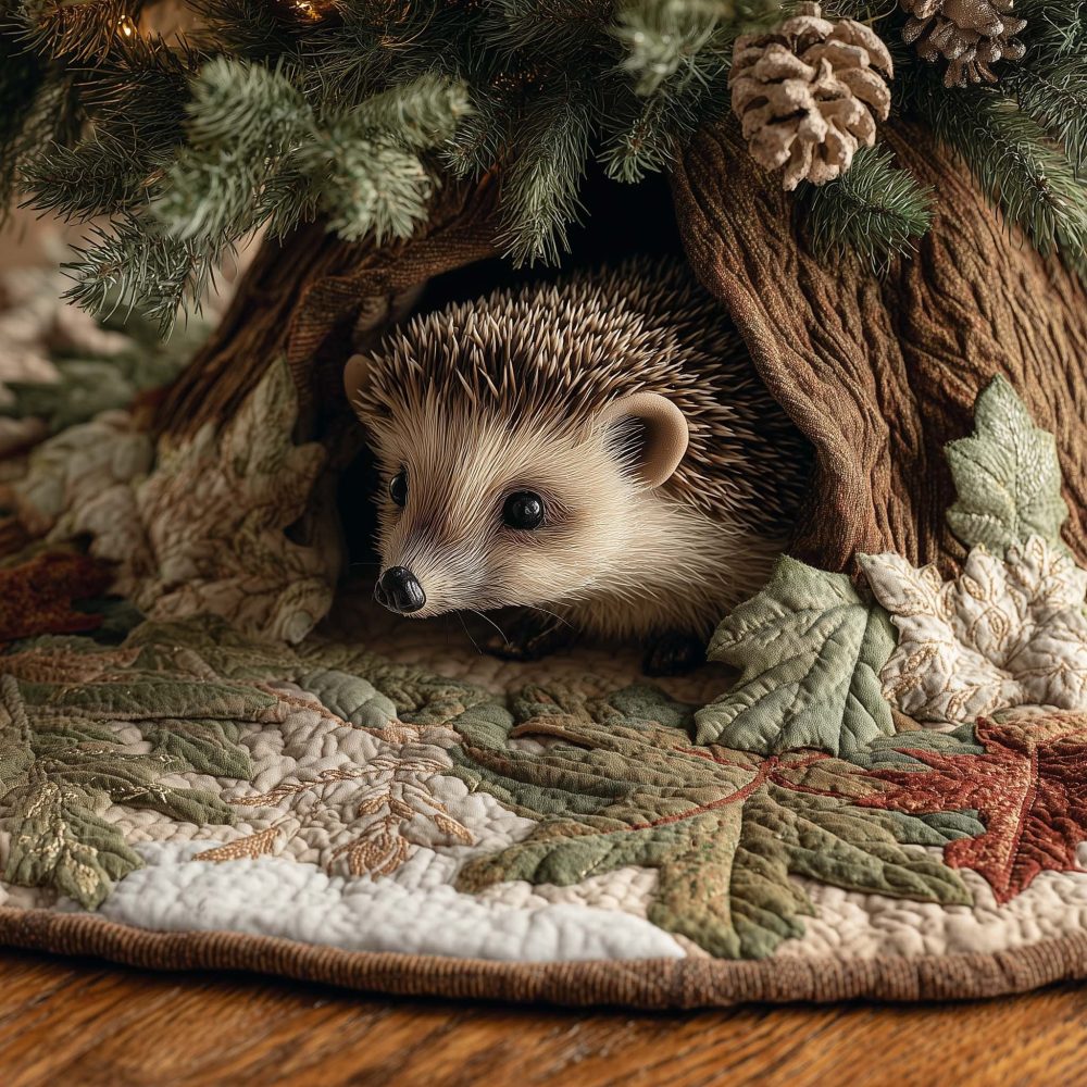 Woodland Hedgehog Holiday Tree Skirt — Handmade Hedgehog Christmas Skirt With Forest Motif, Customizable And Made-To-Order