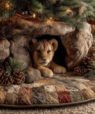 Lion Cub In Rocky Cave Holiday Tree Skirt — Made-To-Order Plush Base For Dramatic Safari-Themed Christmas Decor