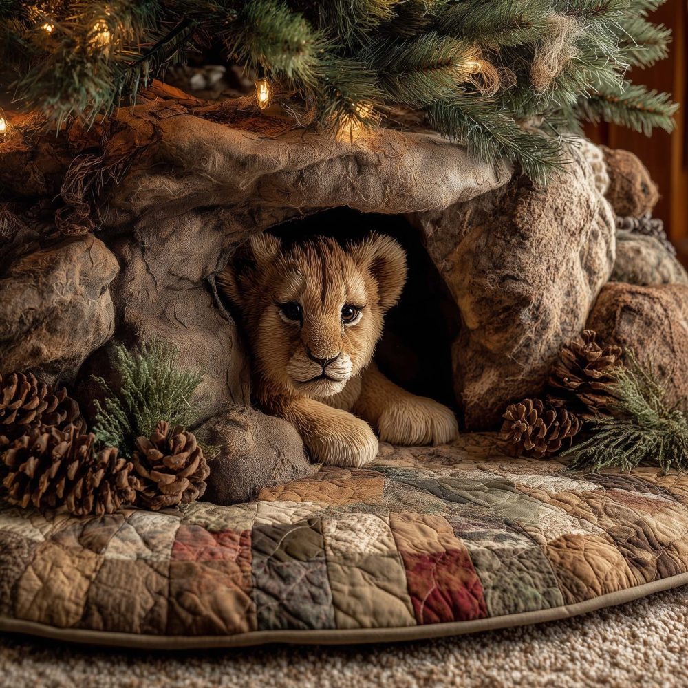 Lion Cub In Rocky Cave Holiday Tree Skirt — Made-To-Order Plush Base For Dramatic Safari-Themed Christmas Decor