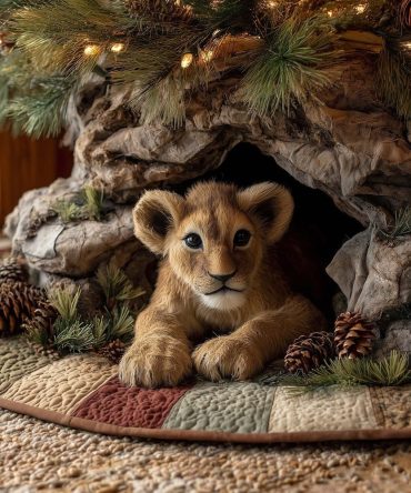 Lion Cub Resting In Stone Den Holiday Tree Skirt — Made-To-Order Plush Base For Elegant Wildlife Christmas Display