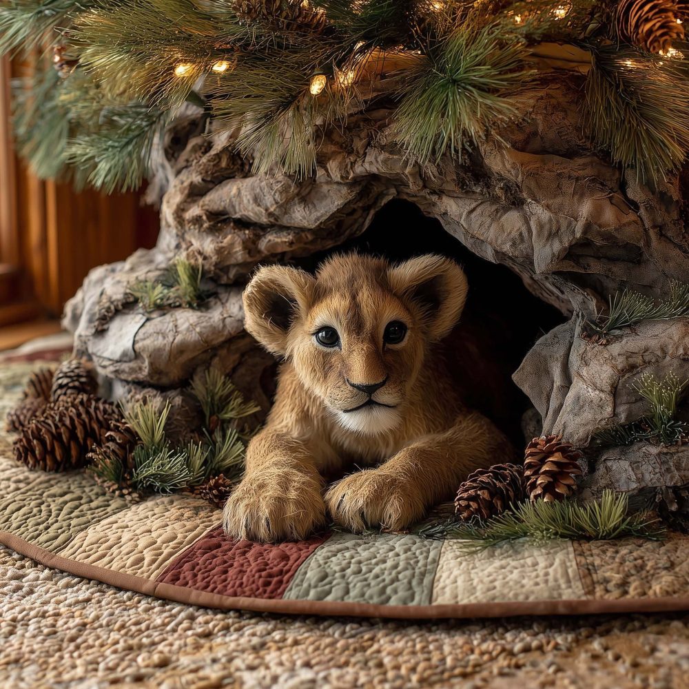 Lion Cub Resting In Stone Den Holiday Tree Skirt — Made-To-Order Plush Base For Elegant Wildlife Christmas Display